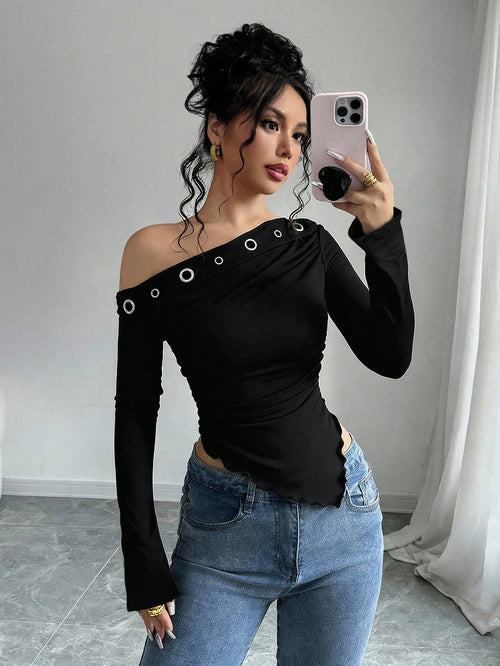 Women's Floral Print Asymmetric Shoulder Long Sleeve T-Shirt shein