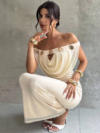 Off Shoulder Plunging Neckline Hollow Metal Decor Mesh Bodycon Maxi Dress shein