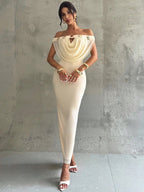 Off Shoulder Plunging Neckline Hollow Metal Decor Mesh Bodycon Maxi Dress shein