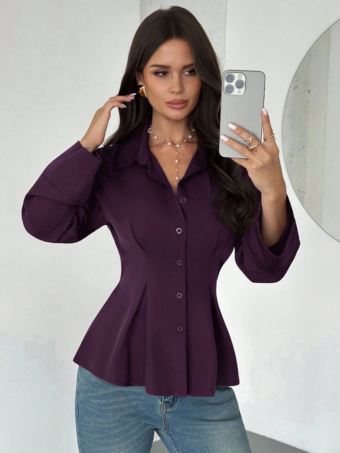 Women's Elegant Waist-Cinched Long-Sleeved Shirt