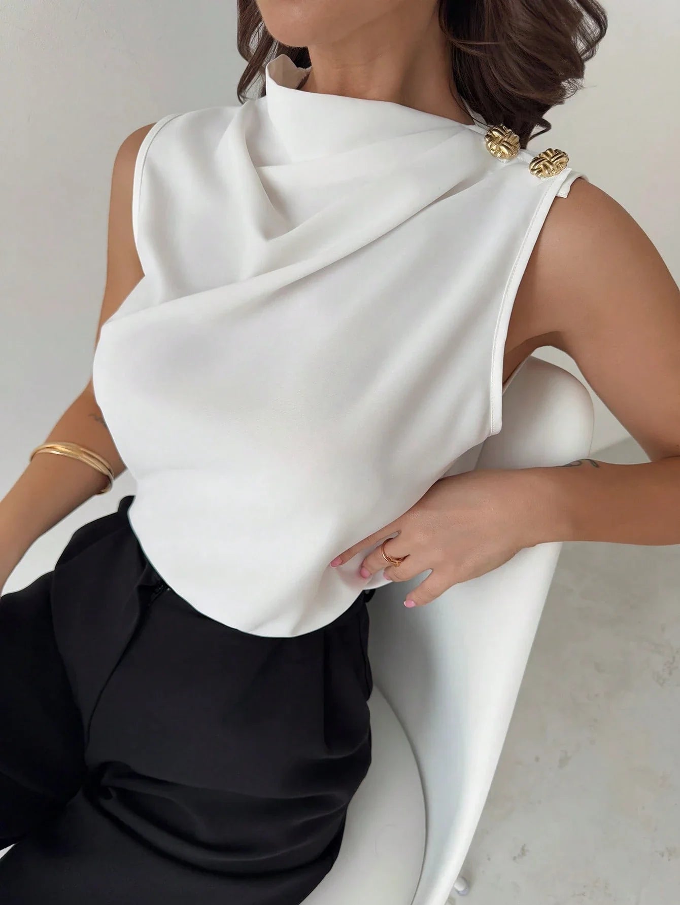 Asymmetric Pleated Collar Metal Button Sleeveless Shirt shein