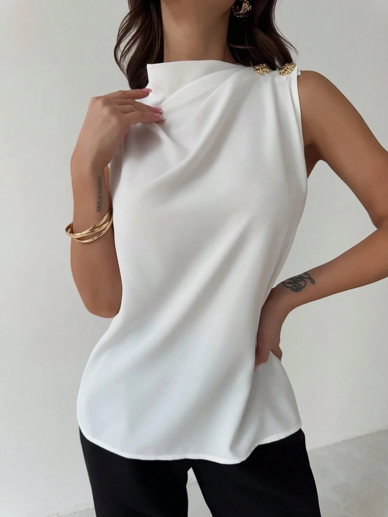 Asymmetric Pleated Collar Metal Button Sleeveless Shirt shein