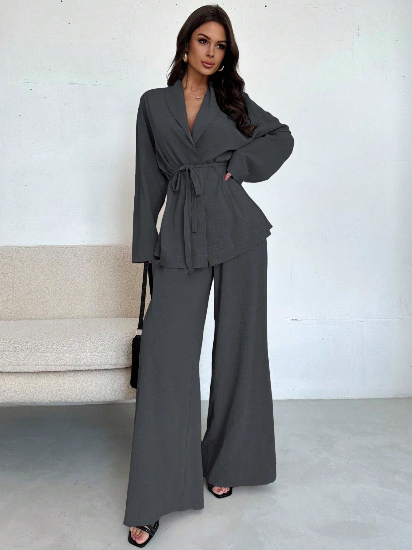 Women Collar Tie Waist Loose Shacket With High Waist Soft Pants shein