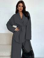 Women Collar Tie Waist Loose Shacket With High Waist Soft Pants shein