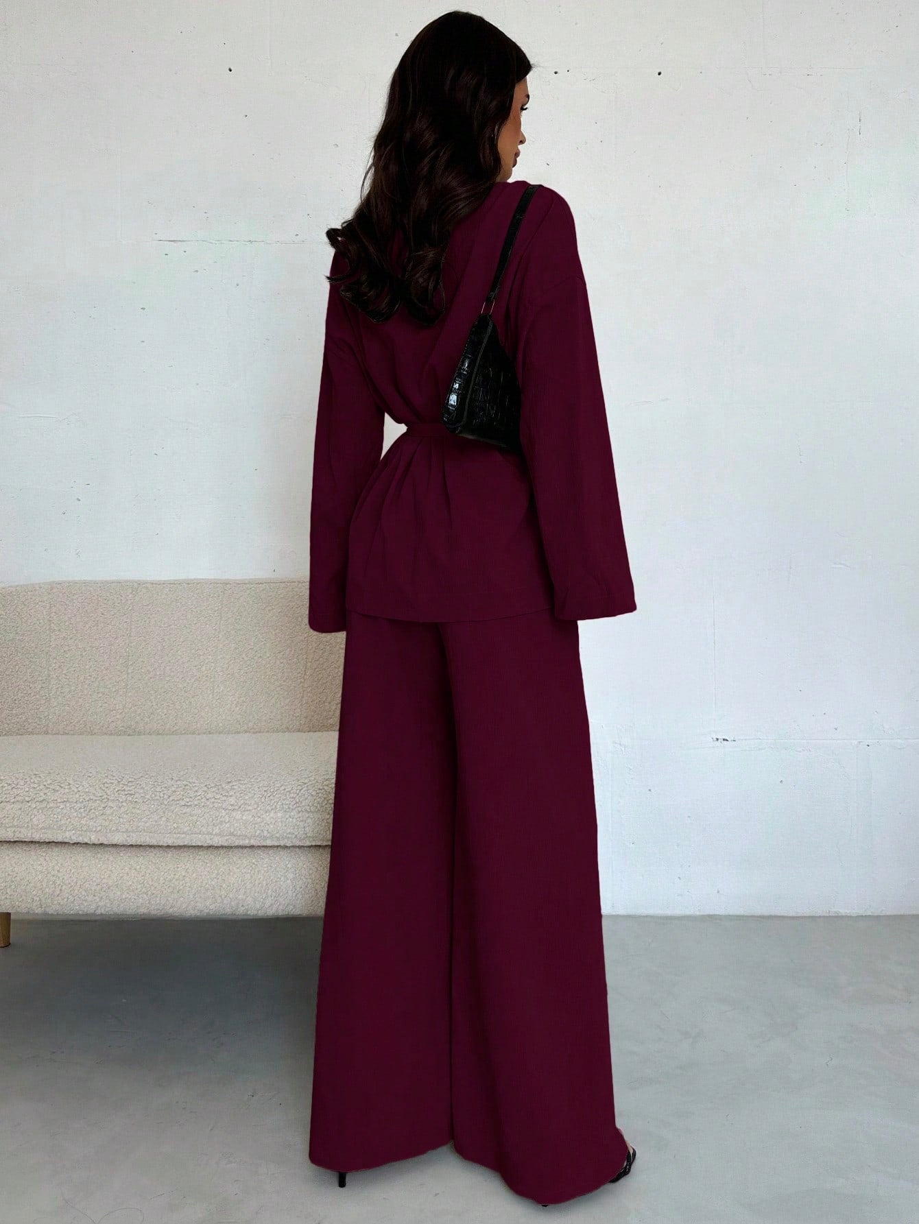 Women Collar Tie Waist Loose Shacket With High Waist Soft Pants shein
