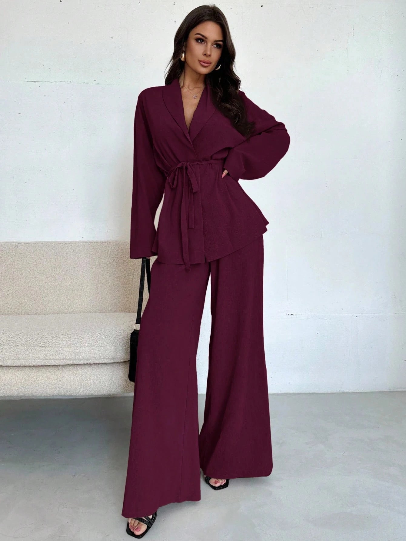 Women Collar Tie Waist Loose Shacket With High Waist Soft Pants shein