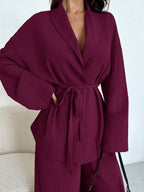Women Collar Tie Waist Loose Shacket With High Waist Soft Pants shein