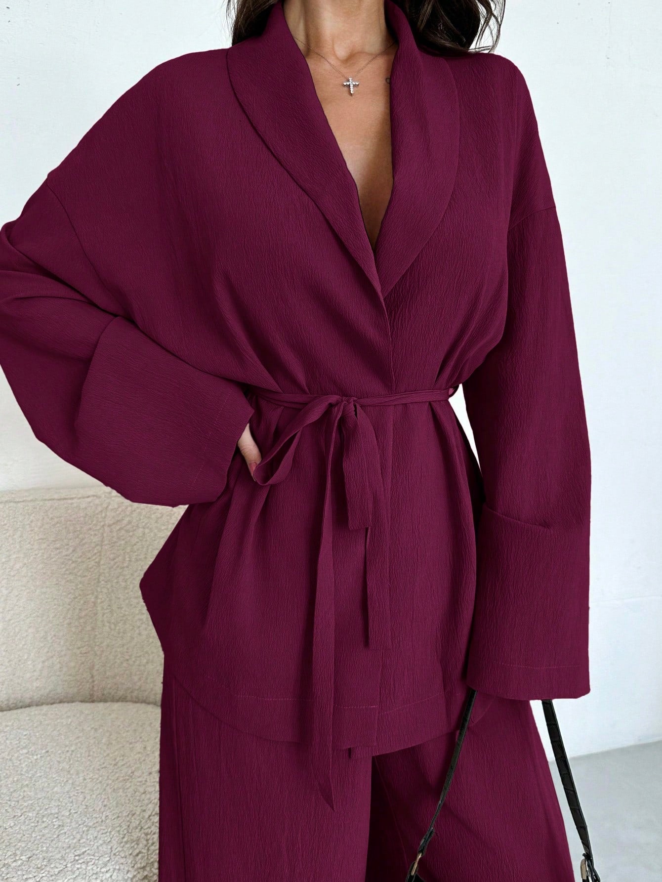 Women Collar Tie Waist Loose Shacket With High Waist Soft Pants shein