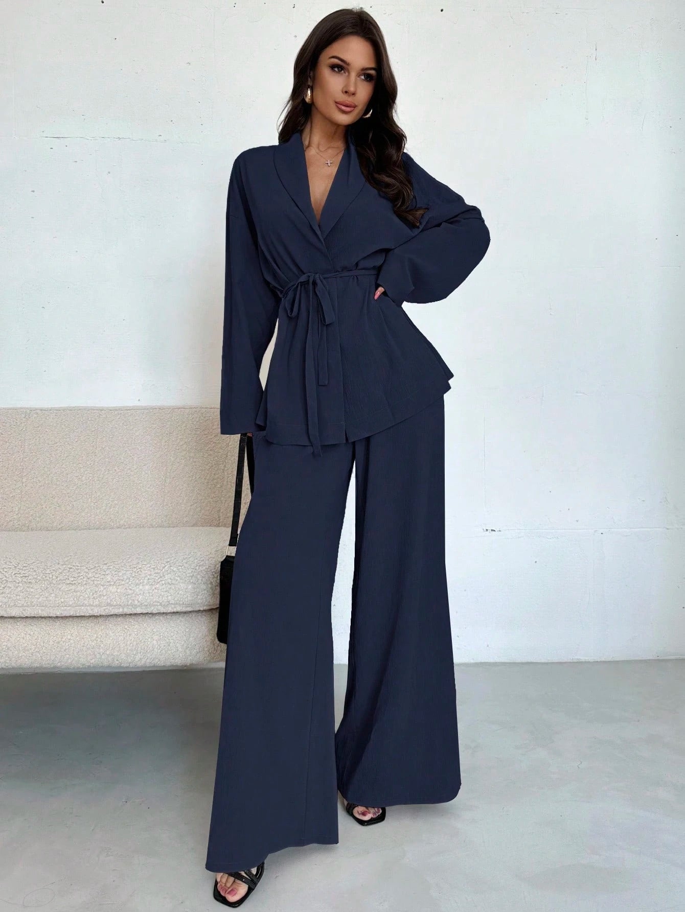 Women Collar Tie Waist Loose Shacket With High Waist Soft Pants shein