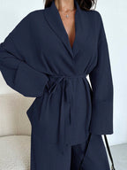 Women Collar Tie Waist Loose Shacket With High Waist Soft Pants shein