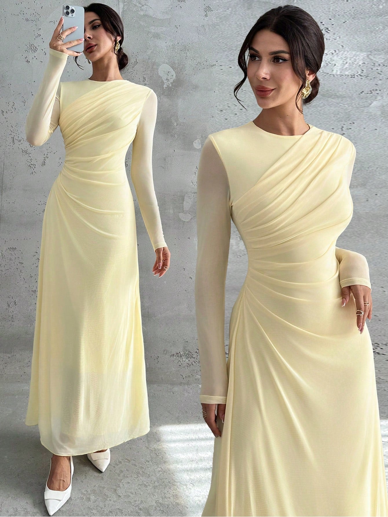 Women's Elegant Vintage Mesh Pleated A-Line Maxi Dress shein