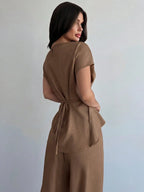 Women's Elegant Commuter Wrap Bustier Corset Top And Flare Leg Pants shein