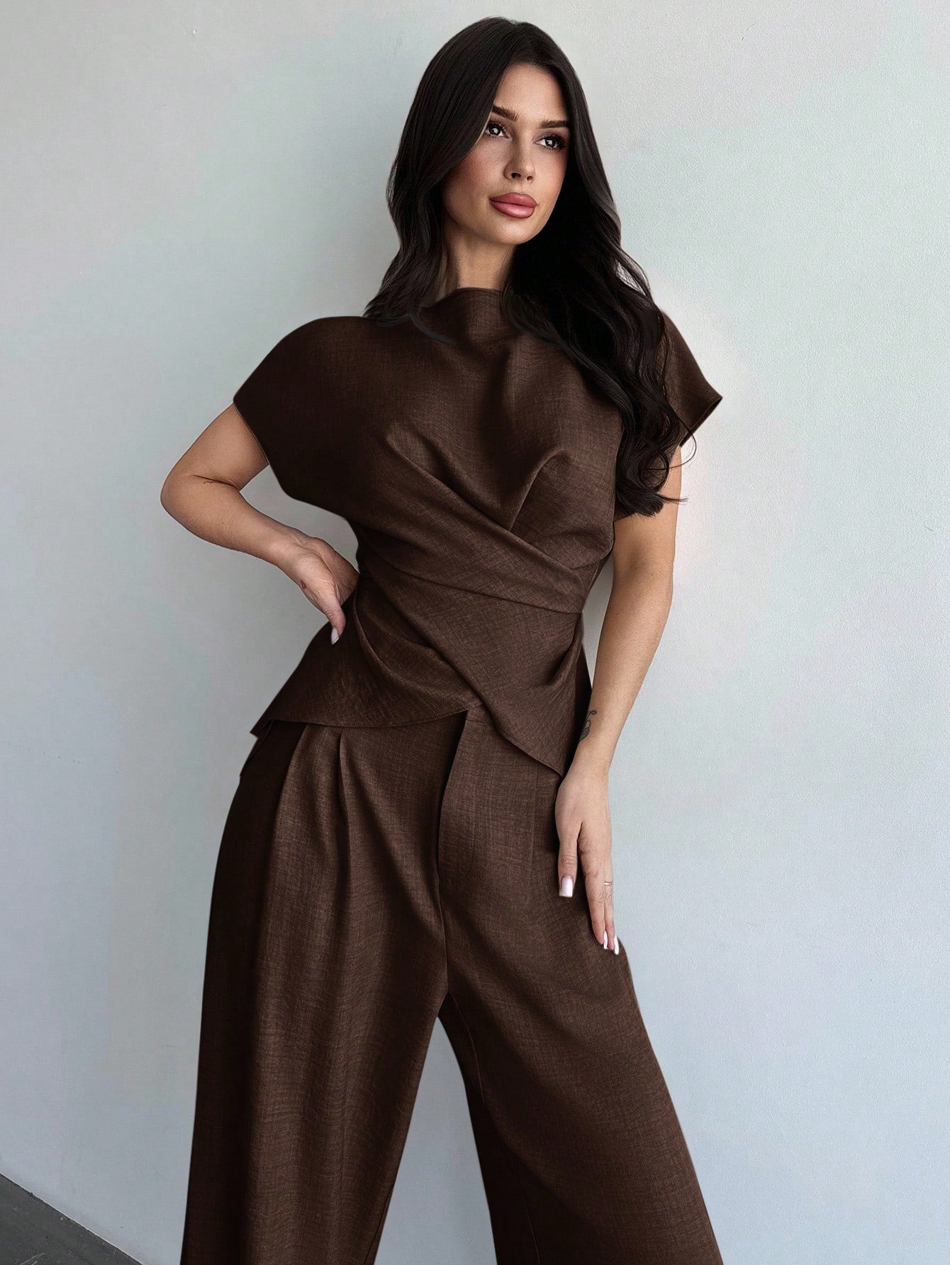Women's Elegant Commuter Wrap Bustier Corset Top And Flare Leg Pants shein