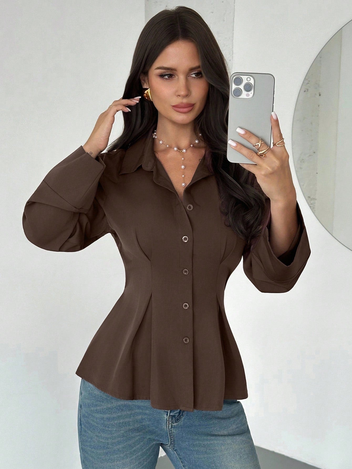 Women's Elegant Waist-Cinched Long-Sleeved Shirt