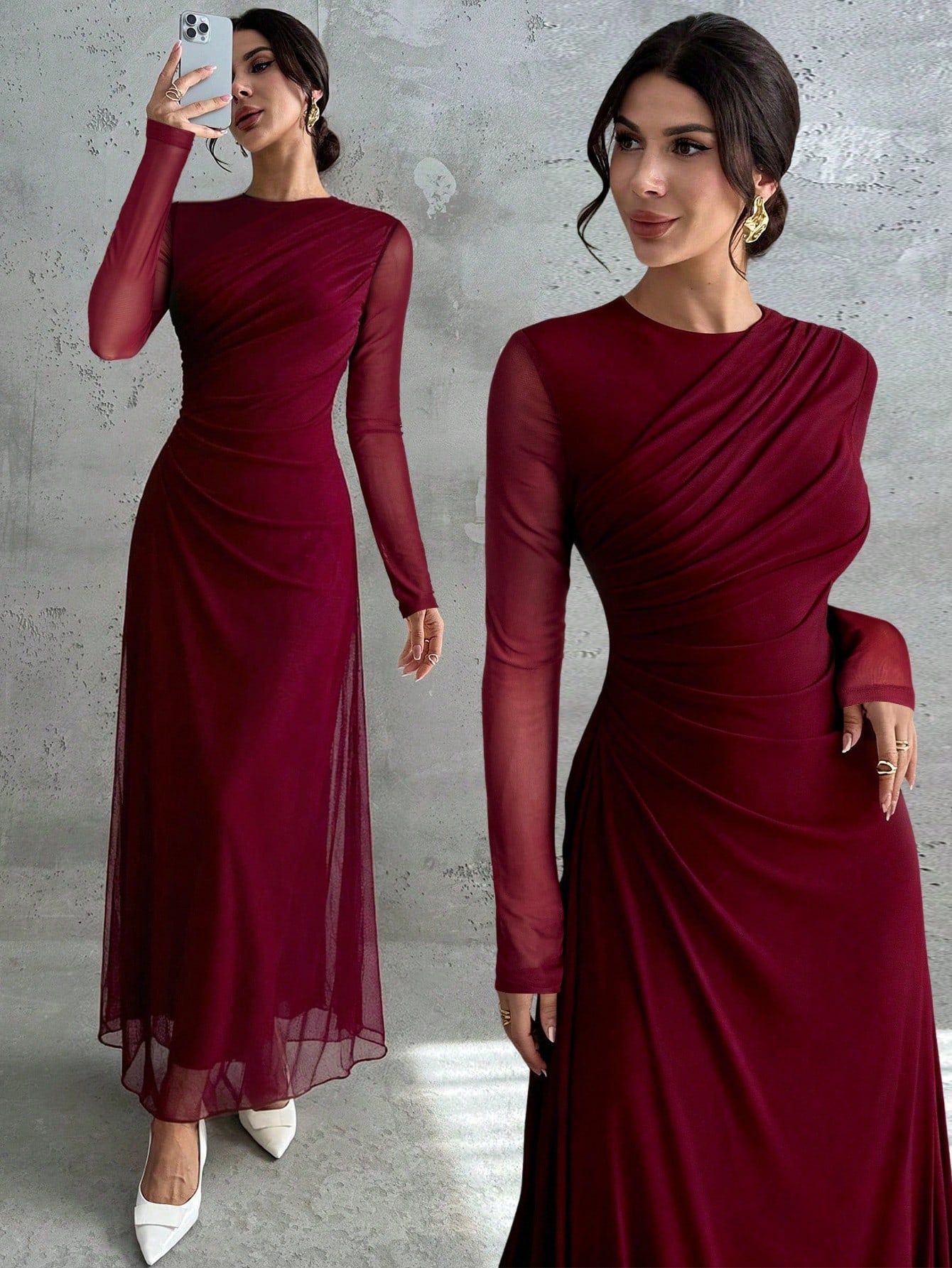 Women's Elegant Vintage Mesh Pleated A-Line Maxi Dress shein