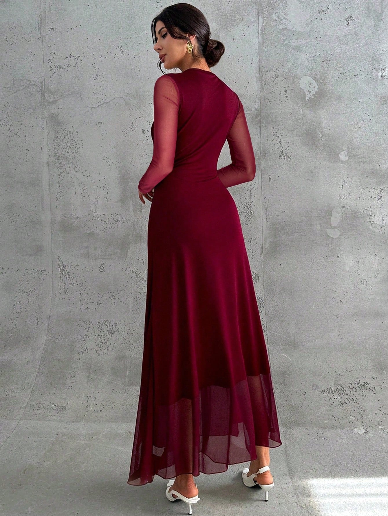 Women's Elegant Vintage Mesh Pleated A-Line Maxi Dress shein