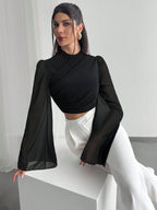 Chiffon Draped Flare White Blouse shein