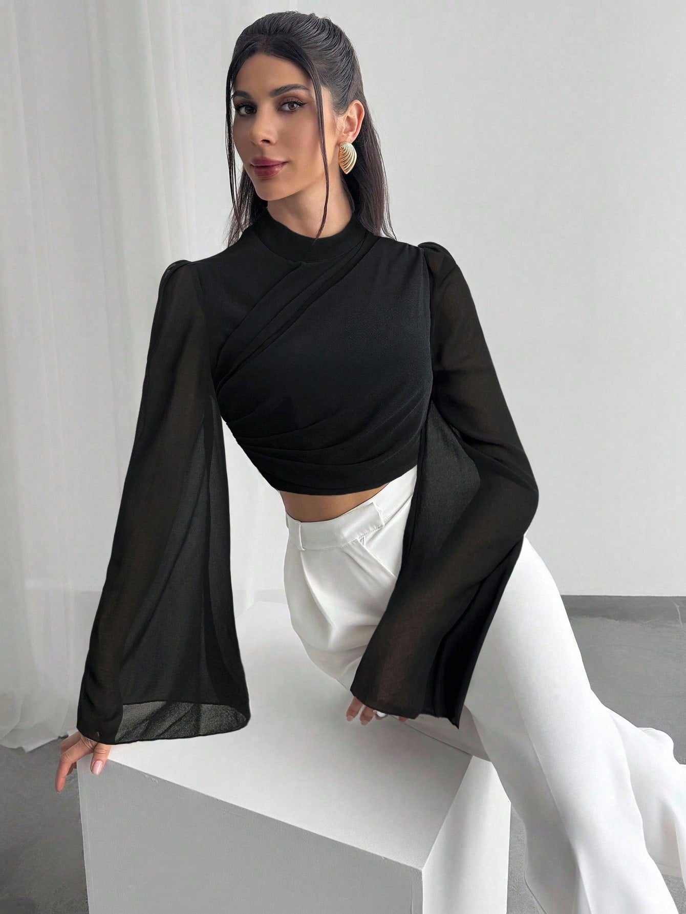 Chiffon Draped Flare White Blouse shein