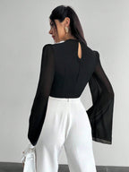 Chiffon Draped Flare White Blouse shein