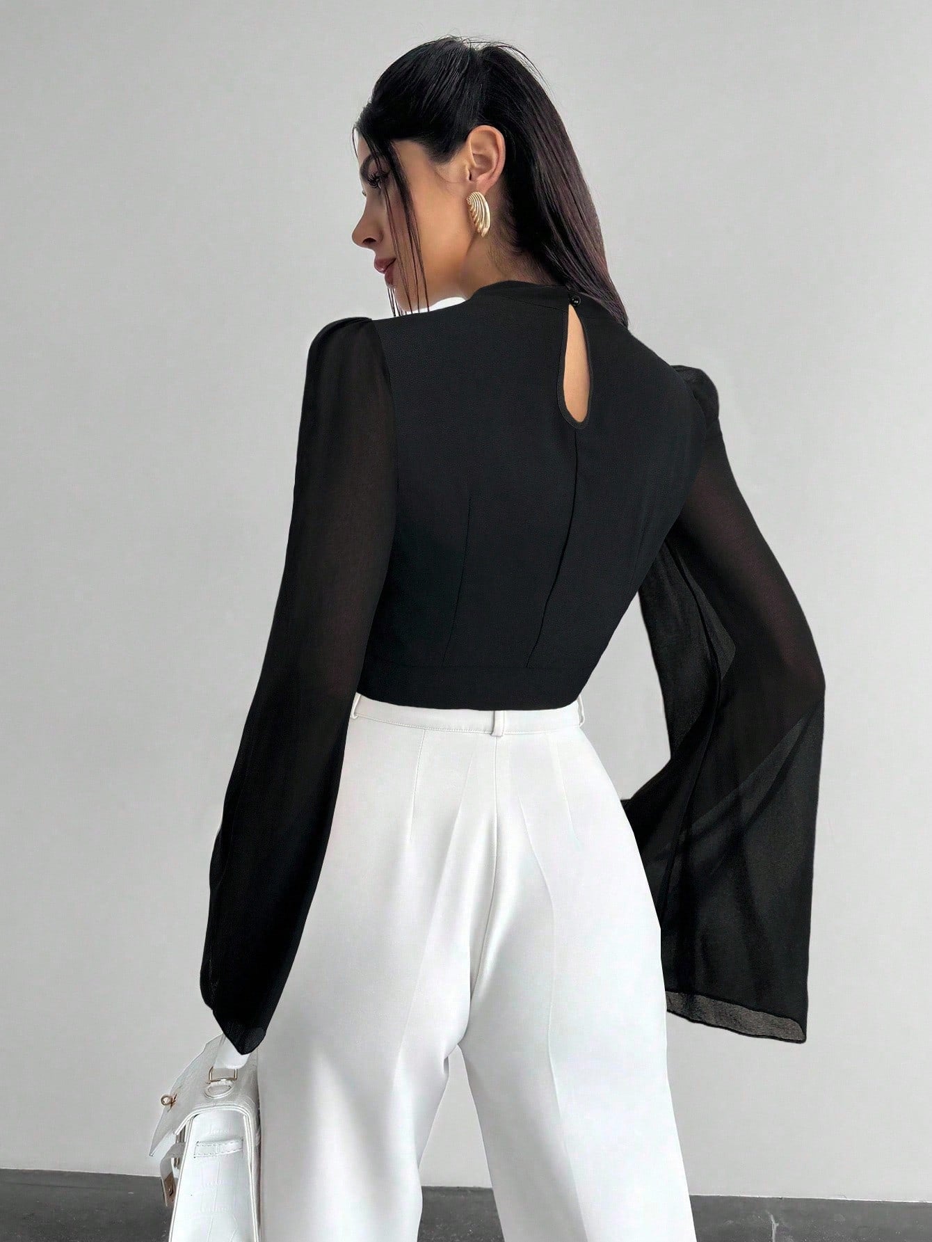 Chiffon Draped Flare White Blouse shein