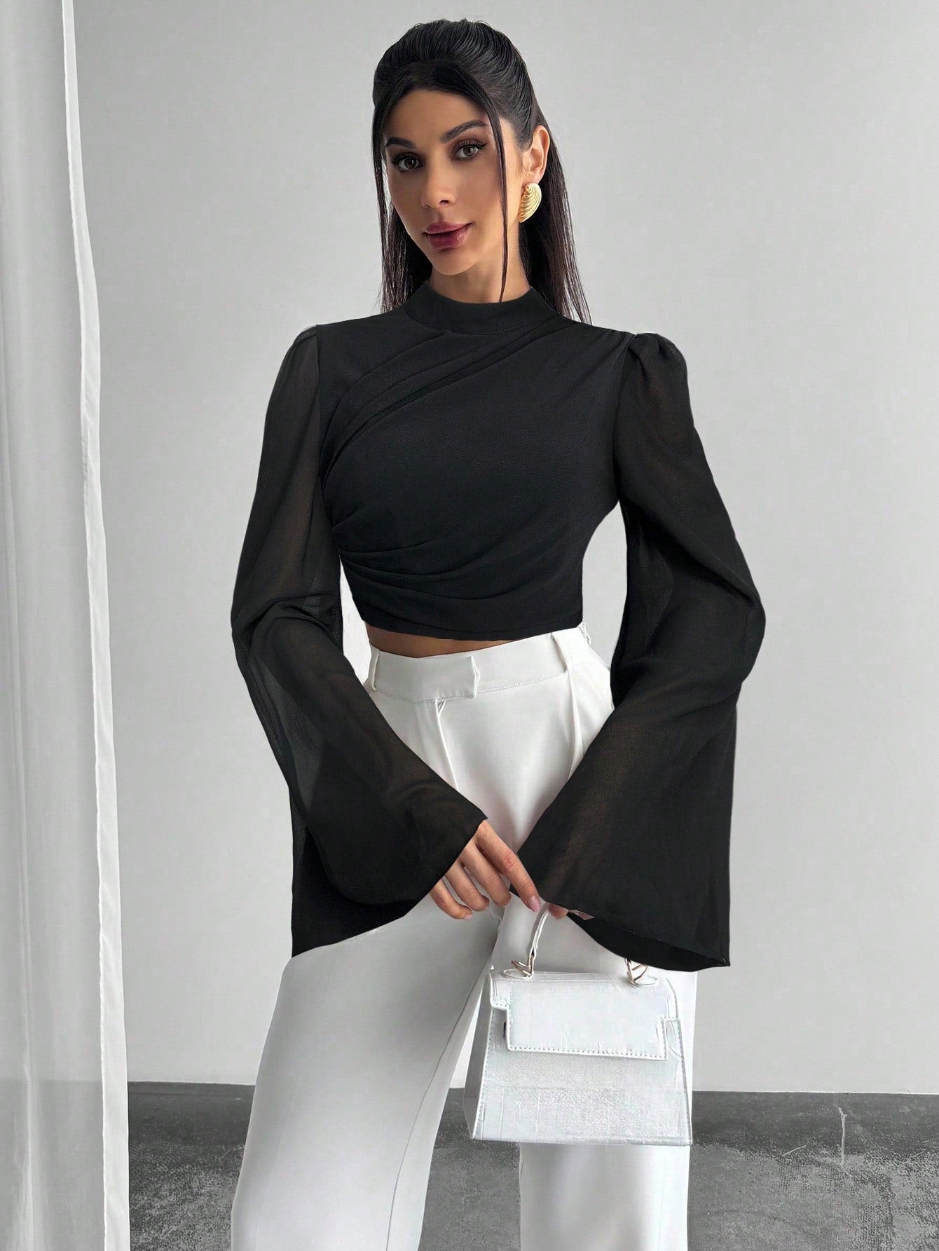 Chiffon Draped Flare White Blouse shein