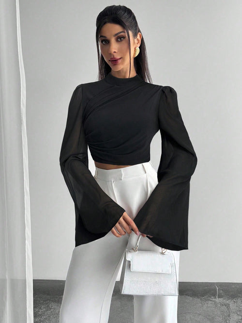 Chiffon Draped Flare White Blouse shein