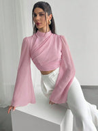 Chiffon Draped Flare White Blouse shein