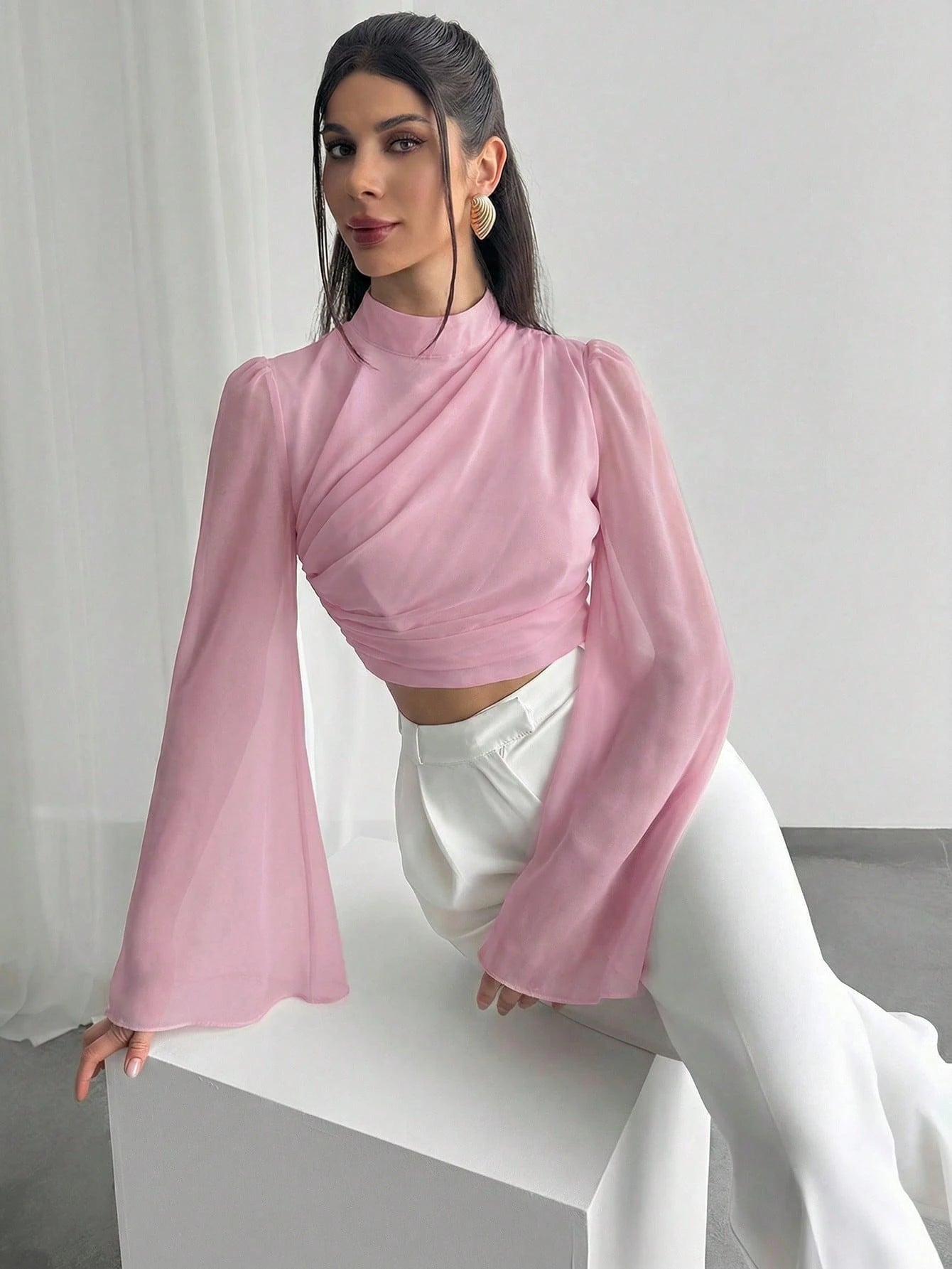 Chiffon Draped Flare White Blouse shein