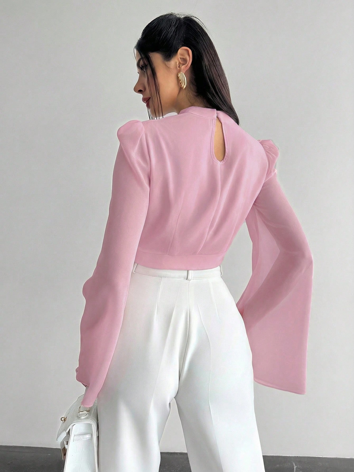 Chiffon Draped Flare White Blouse shein