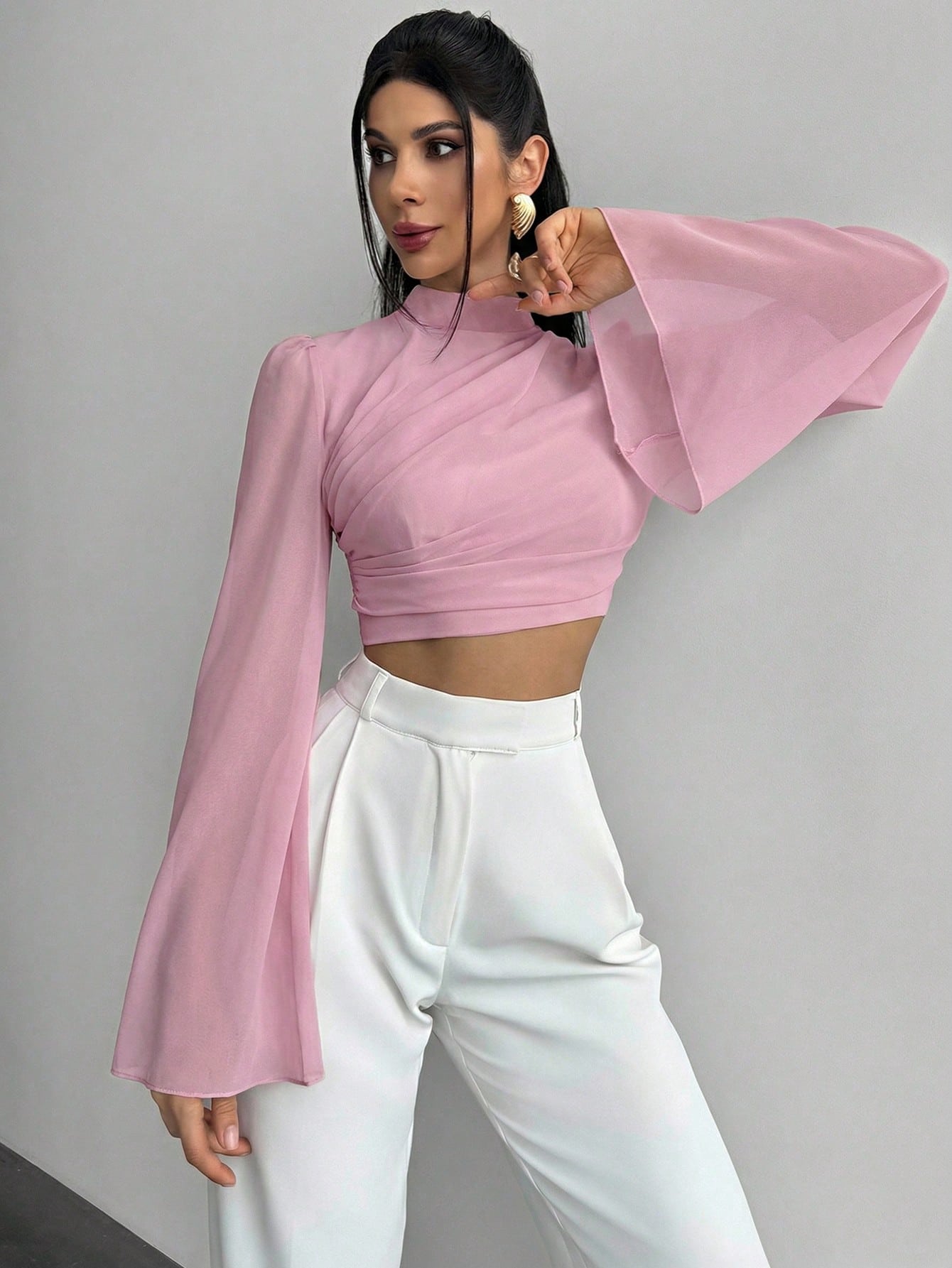 Chiffon Draped Flare White Blouse shein