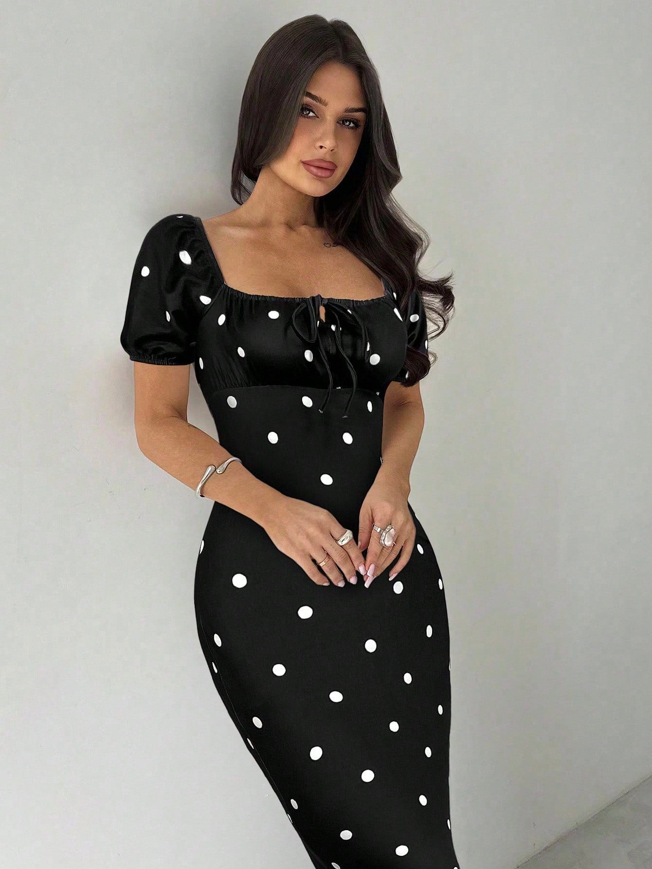 Women Elegant Square Neck Polka Dot Dress shein