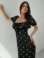 Women Elegant Square Neck Polka Dot Dress shein