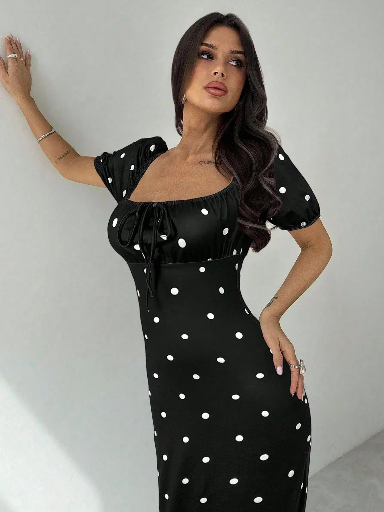 Women Elegant Square Neck Polka Dot Dress shein