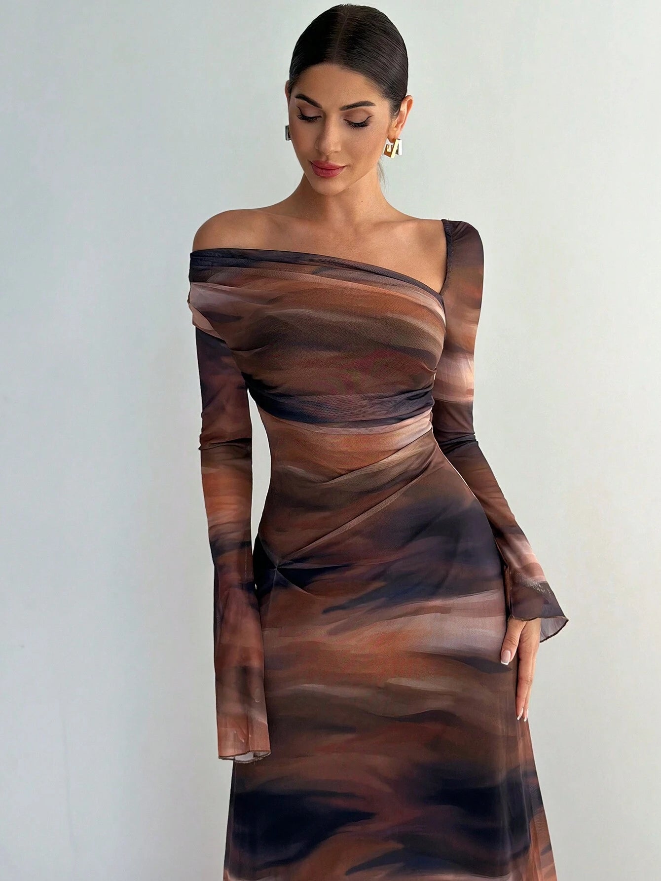 Pleated New Tie Dye Chiffon Asymmetrical Shoulder Flowing Long Sleeve Slim Fit Dress shein