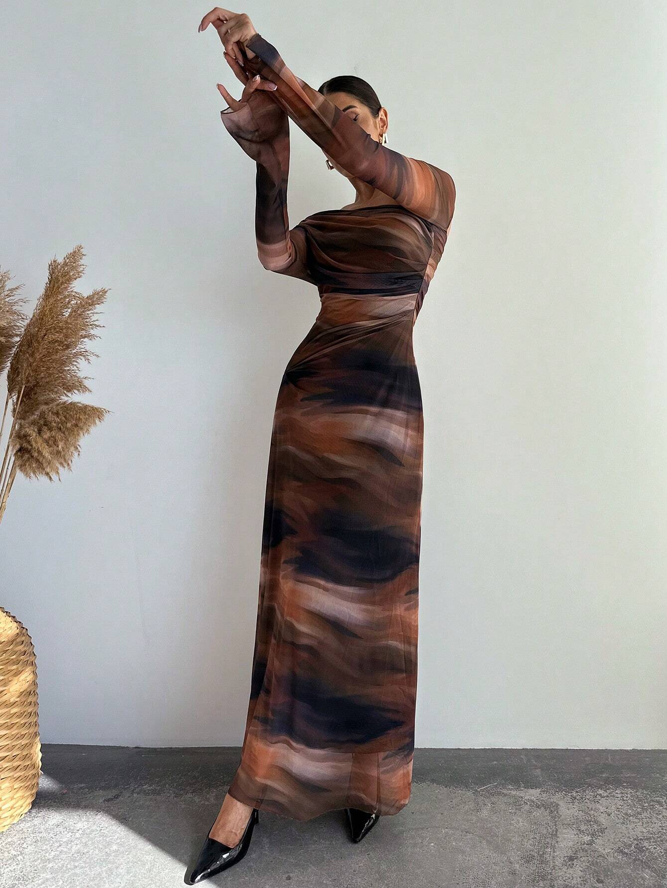 Pleated New Tie Dye Chiffon Asymmetrical Shoulder Flowing Long Sleeve Slim Fit Dress shein