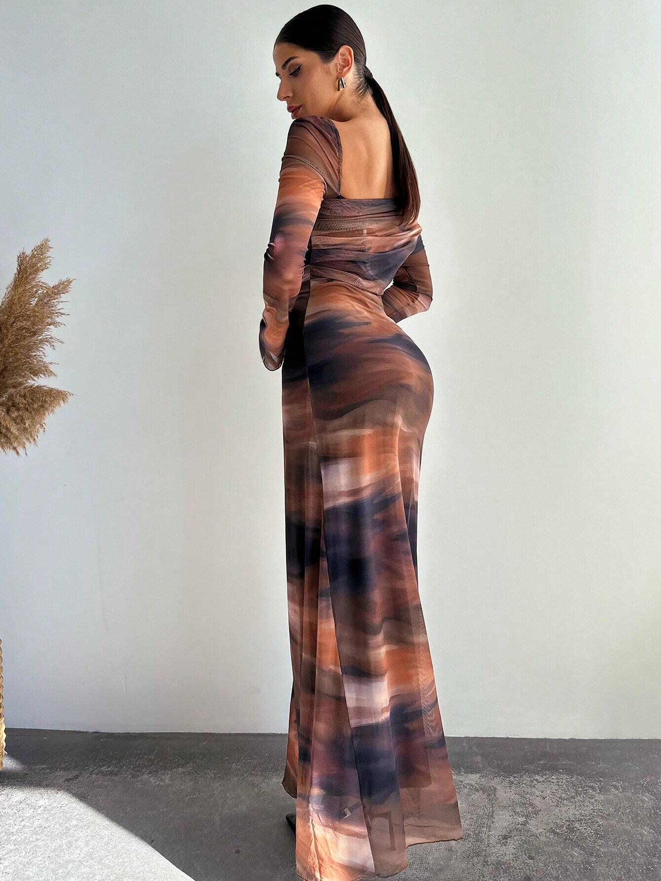Pleated New Tie Dye Chiffon Asymmetrical Shoulder Flowing Long Sleeve Slim Fit Dress shein