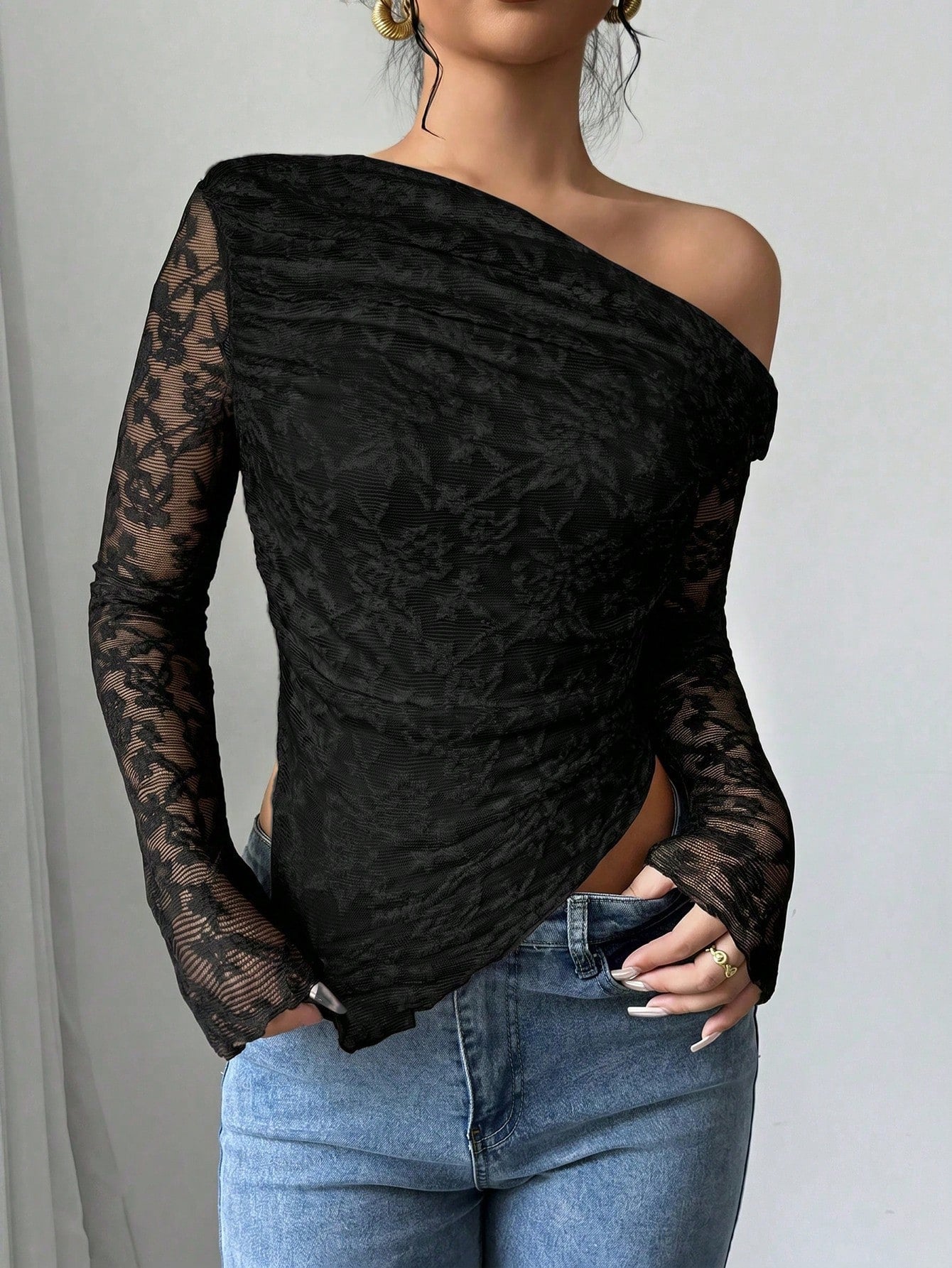 Women's Floral Print Asymmetric Shoulder Long Sleeve T-Shirt shein