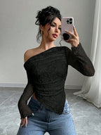 Women's Floral Print Asymmetric Shoulder Long Sleeve T-Shirt shein