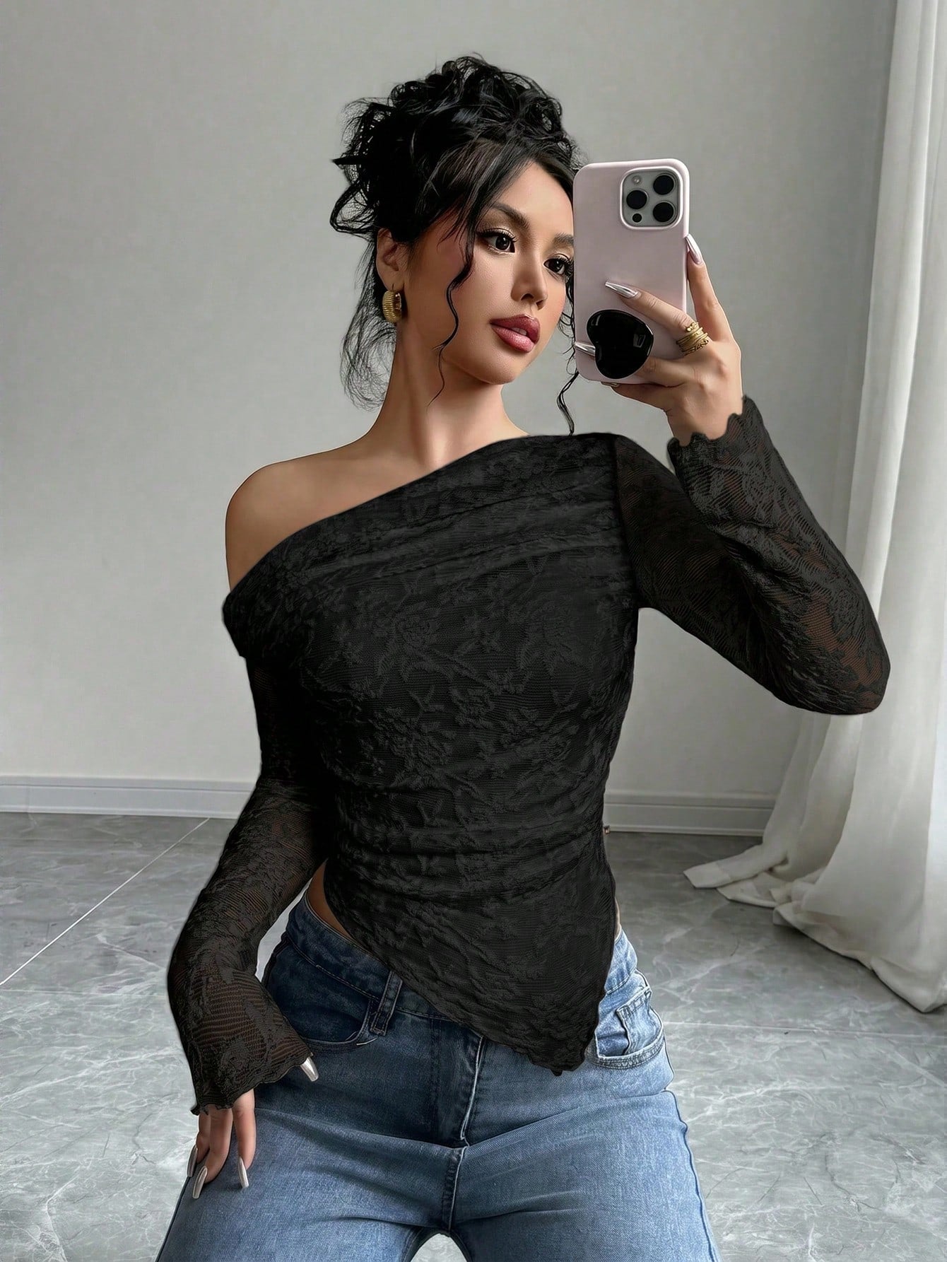 Women's Floral Print Asymmetric Shoulder Long Sleeve T-Shirt shein