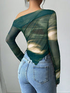 Women's Floral Print Asymmetric Shoulder Long Sleeve T-Shirt shein