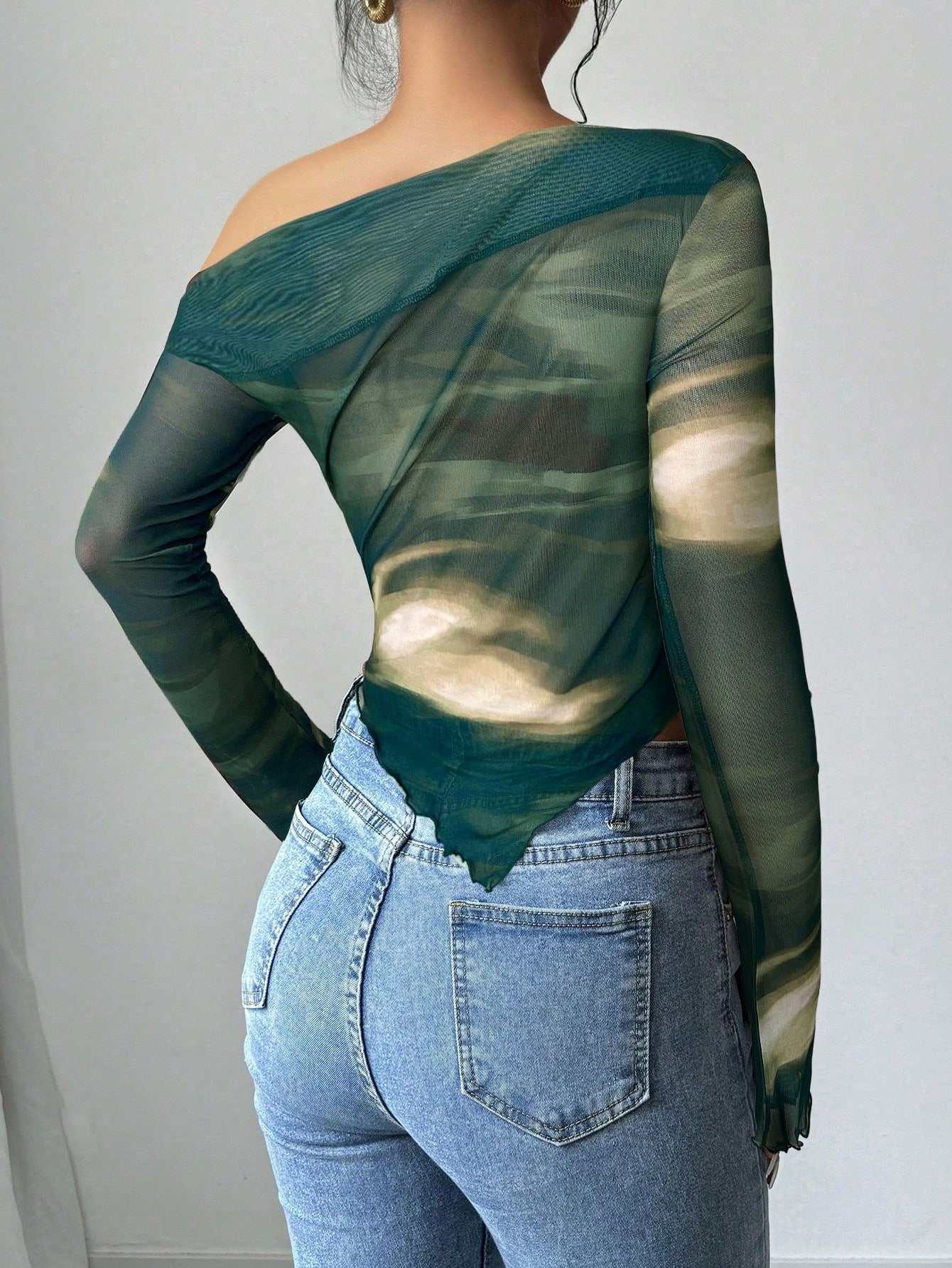 Women's Floral Print Asymmetric Shoulder Long Sleeve T-Shirt shein