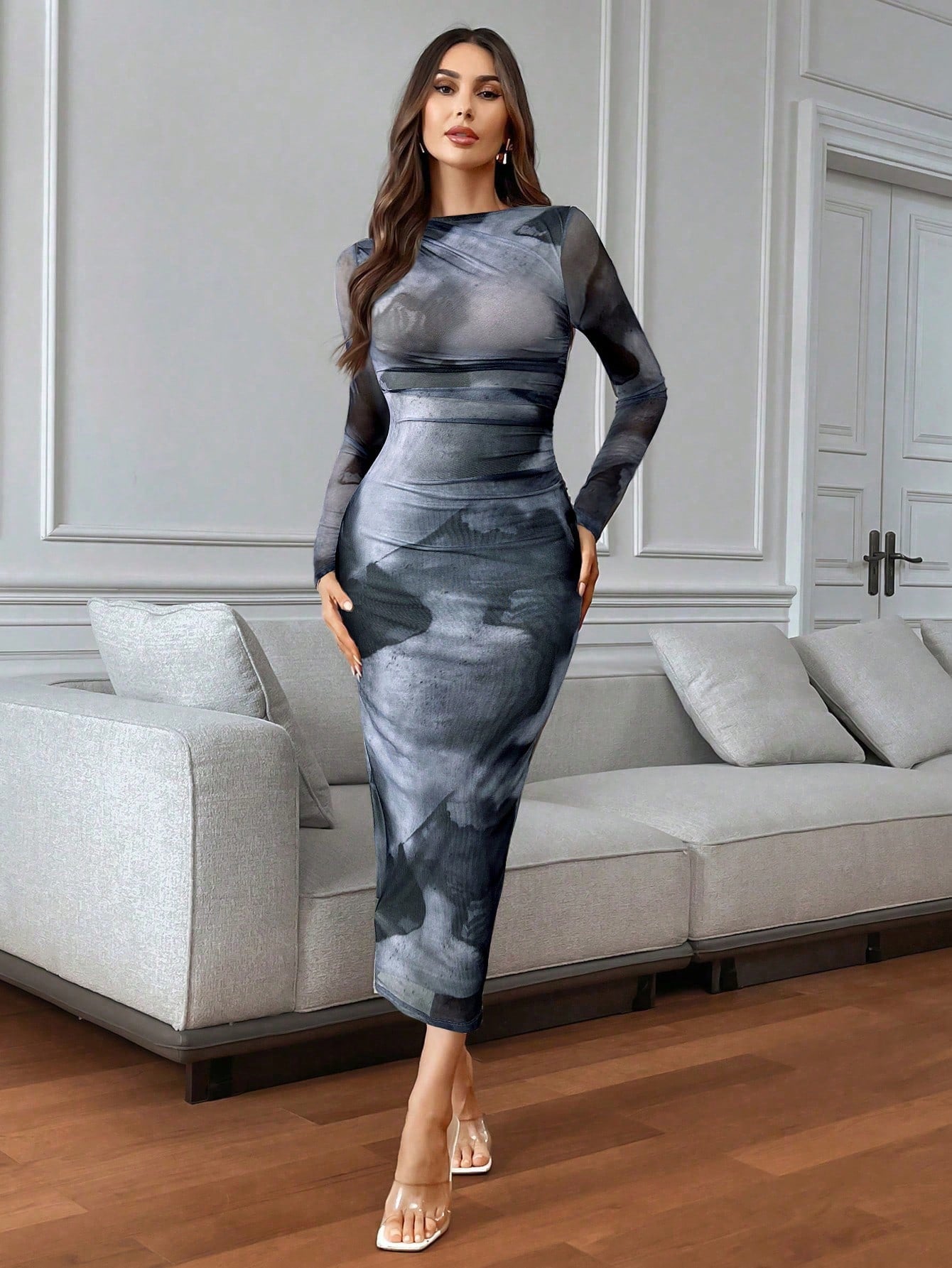 Women's Tie-Dye Pleated Elegant Fitted Long Sleeve Dress shein