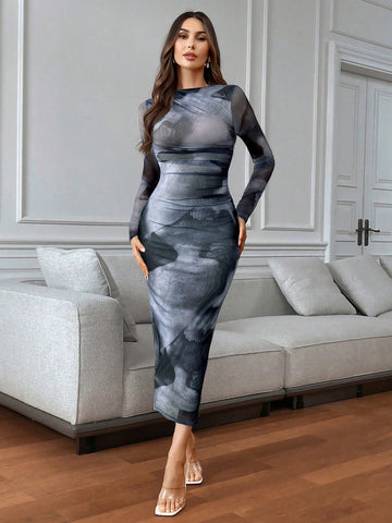 Women's Tie-Dye Pleated Elegant Fitted Long Sleeve Dress
