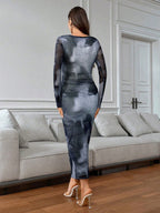 Women's Tie-Dye Pleated Elegant Fitted Long Sleeve Dress shein