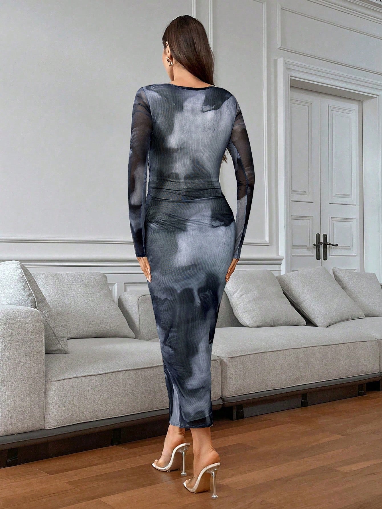 Women's Tie-Dye Pleated Elegant Fitted Long Sleeve Dress shein