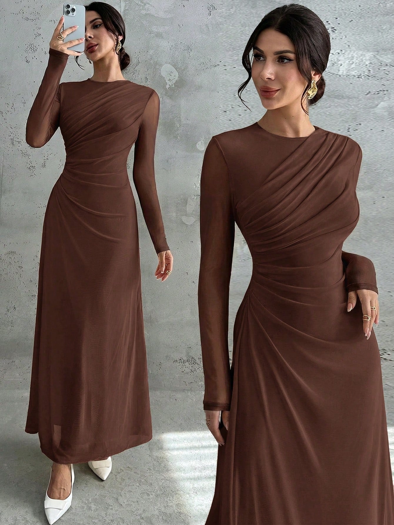 Women's Elegant Vintage Mesh Pleated A-Line Maxi Dress shein