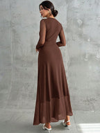 Women's Elegant Vintage Mesh Pleated A-Line Maxi Dress shein