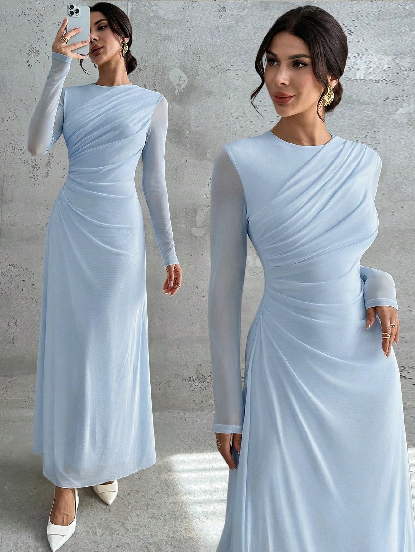 Women's Elegant Vintage Mesh Pleated A-Line Maxi Dress shein