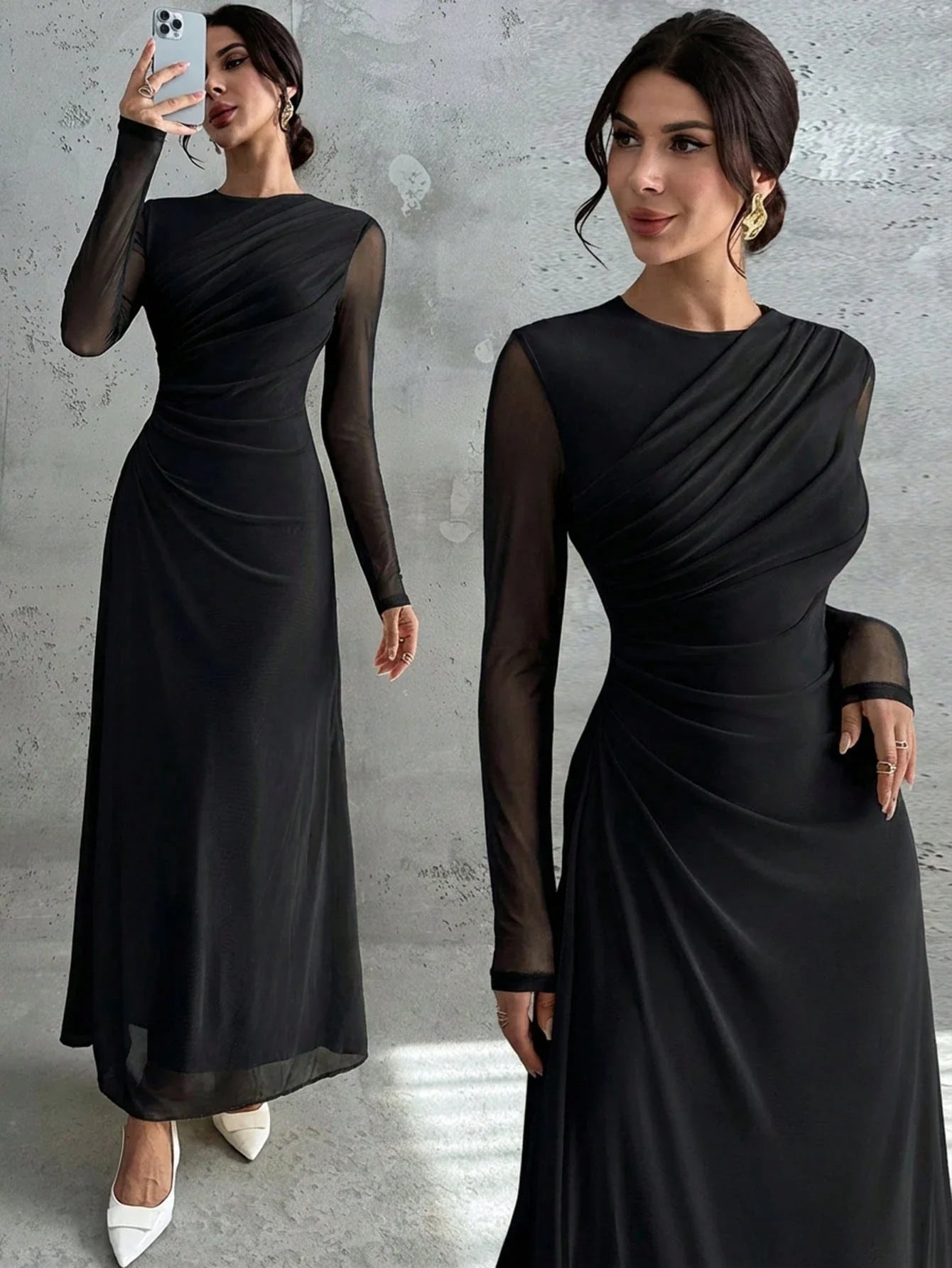 Women's Elegant Vintage Mesh Pleated A-Line Maxi Dress shein
