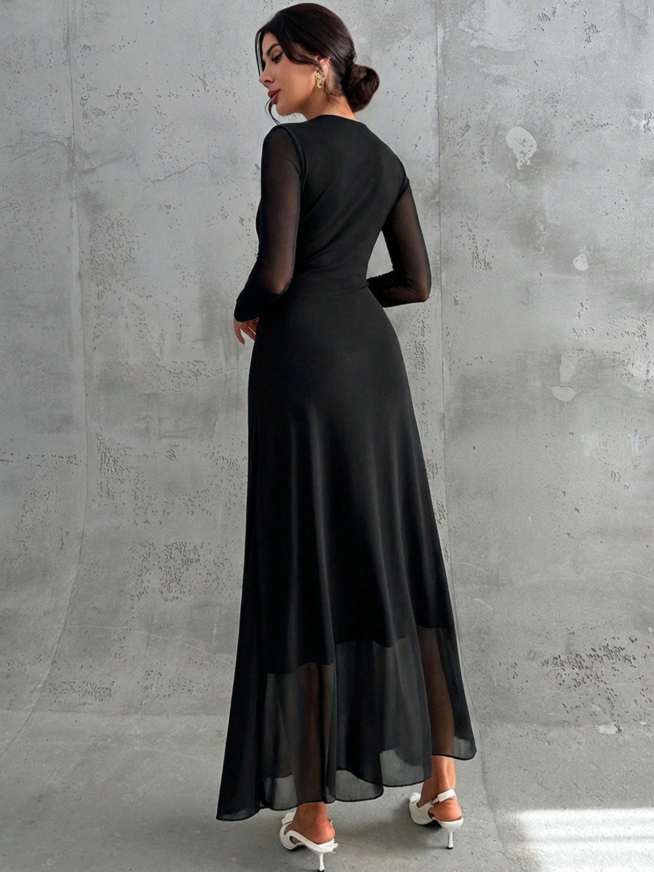 Women's Elegant Vintage Mesh Pleated A-Line Maxi Dress shein